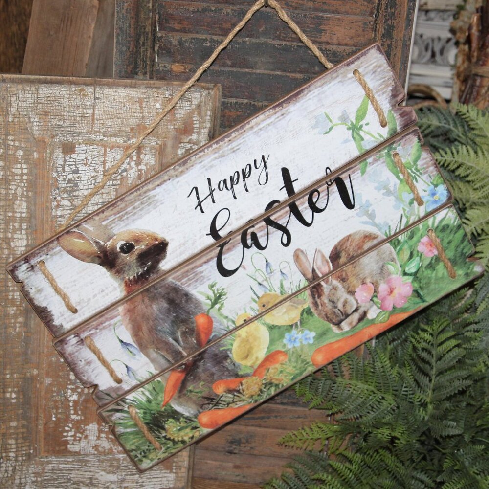 NEW Large HAPPY EASTER Bunny Rabbit Farmhouse Wall Decor Sign